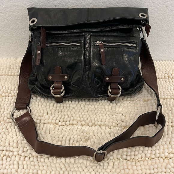 Tano Glossy Black/Brown Leather Convertible Handbag - Picture 3 of 6